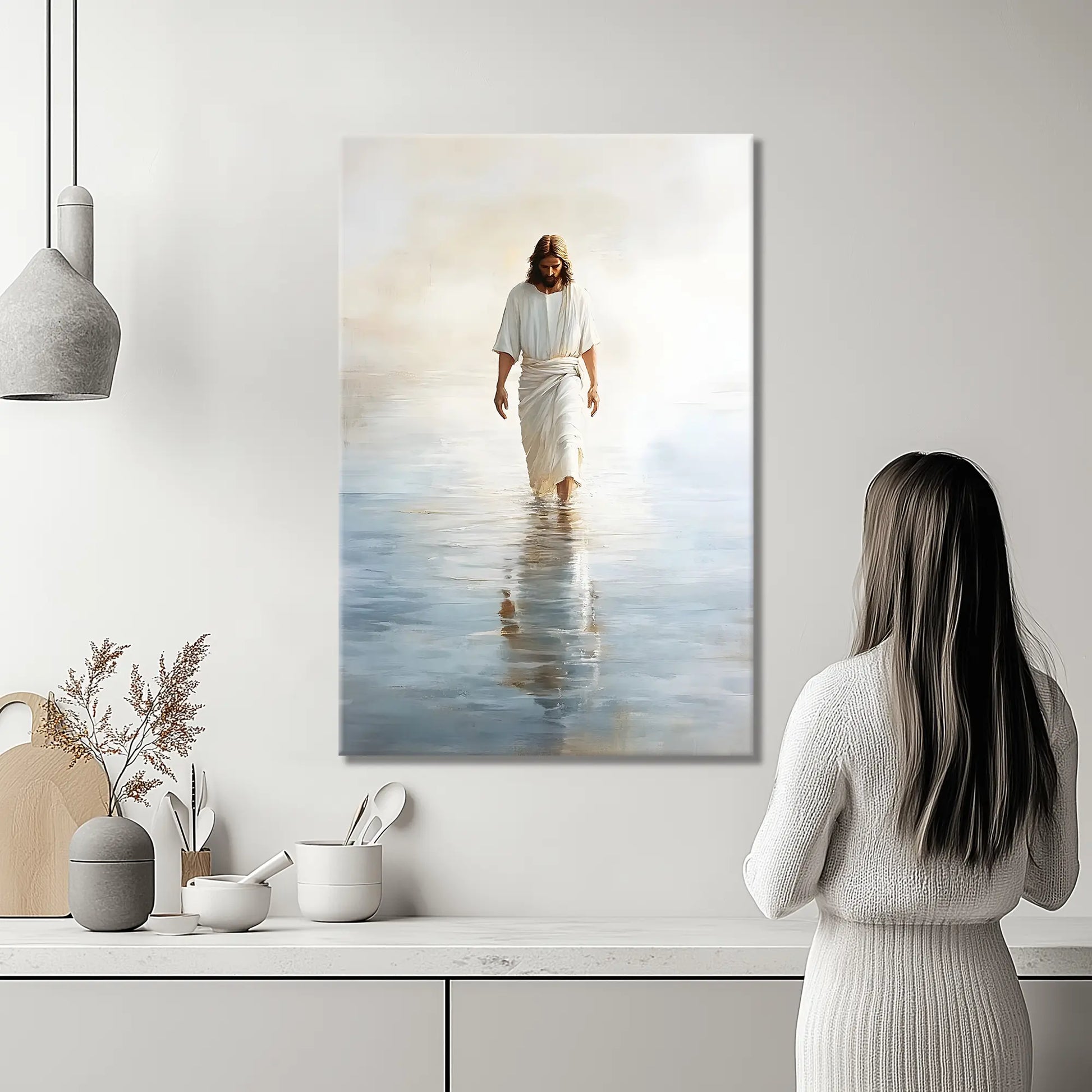 Christian art print of Jesus walking on water hanging in a bright kitchen, infusing the space with hope and uplifting kitchen decor.