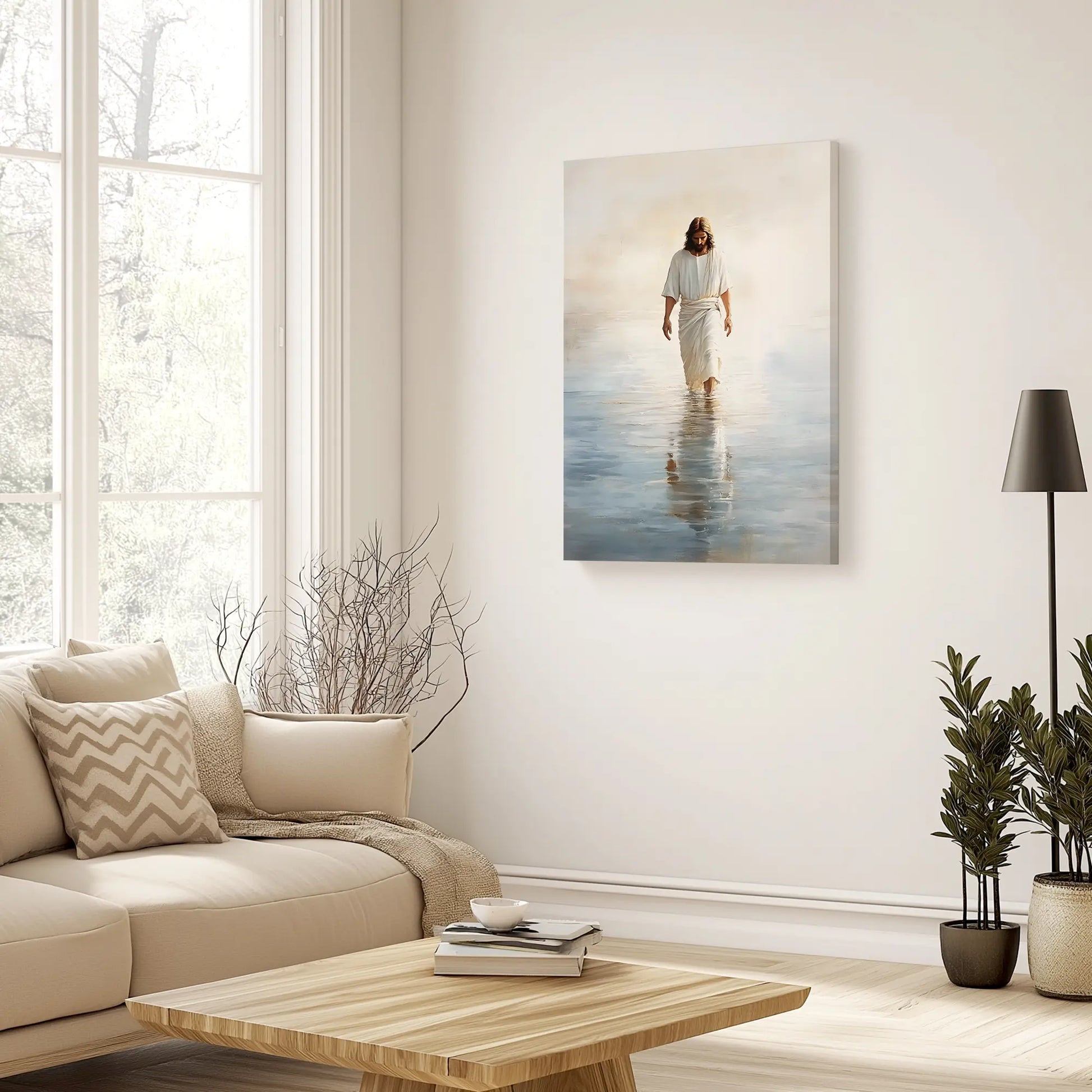 Religious canvas art of Jesus walking on water showcased in a cozy living room, inspiring warmth and deepening faith in the home.