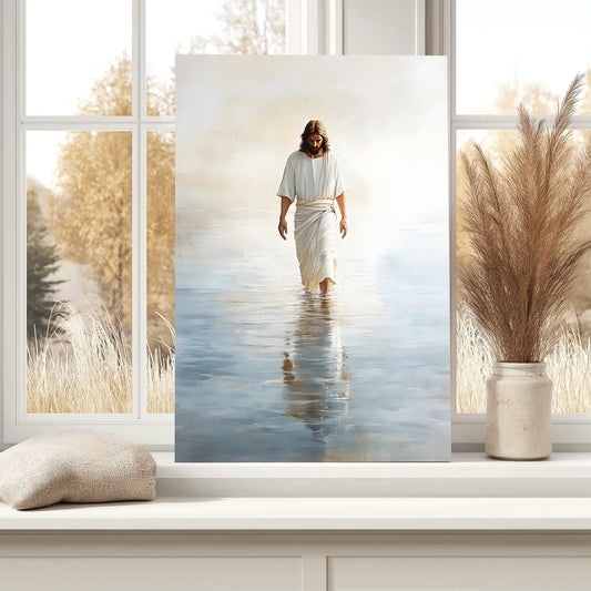 Inspirational canvas art of Jesus walking on water leaned against a bedroom window, bringing peace and spiritual reflection to the decor.