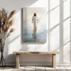 Biblical art print of Jesus walking on water positioned above a rustic bench, enhancing the inviting Christian decor with a message of faith.