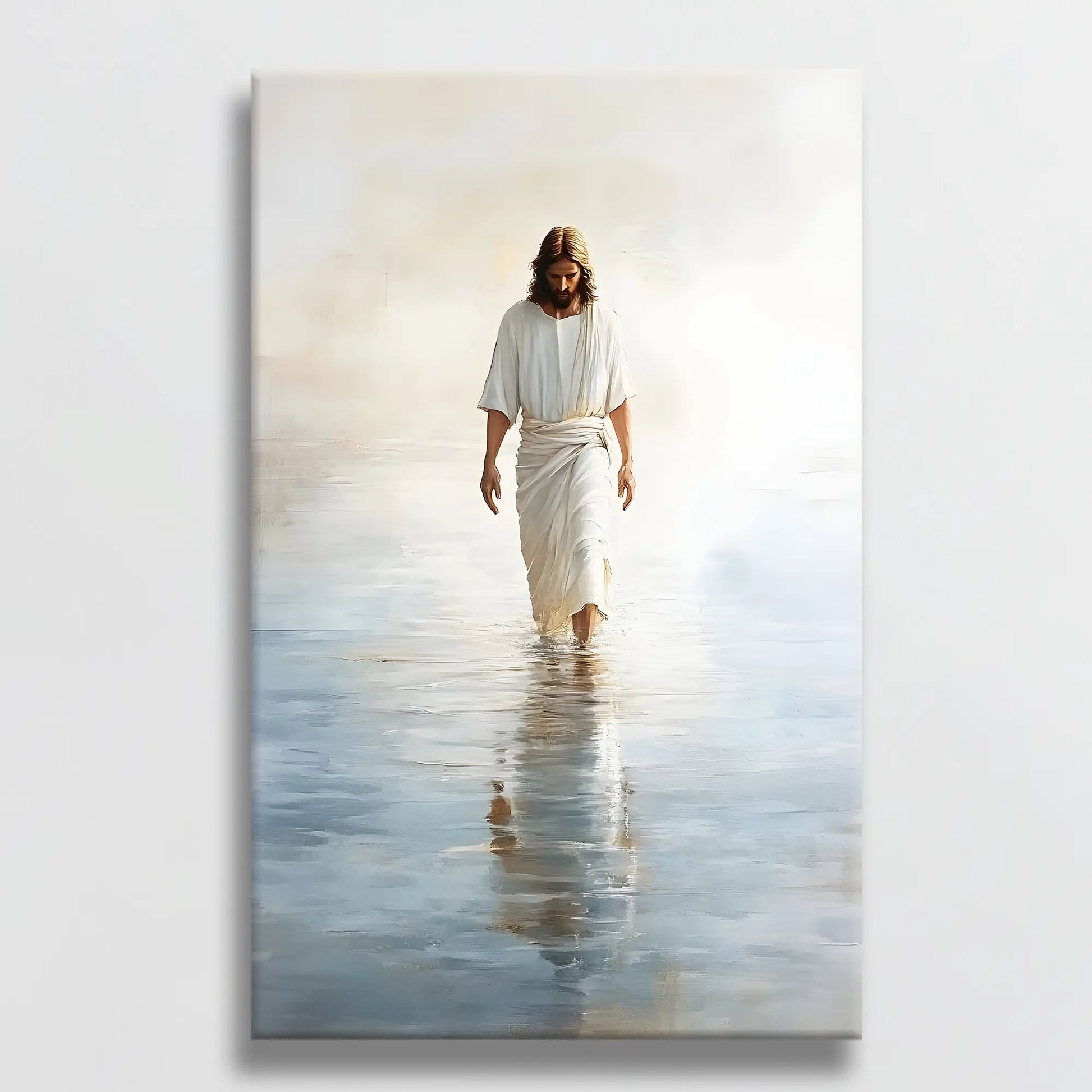 Christian wall decor featuring Jesus walking on water hung on a white wall, adding a serene touch of faith and inspiration to the room.