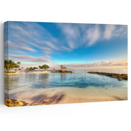 Large beach wall art featuring a serene Bahamas paradise with crystal-clear waters and a thatched-roof pier.