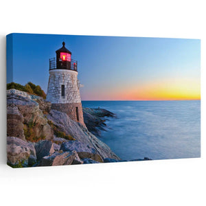  Large beach wall art featuring a stunning lighthouse overlooking the ocean at sunset, perfect for coastal decor.