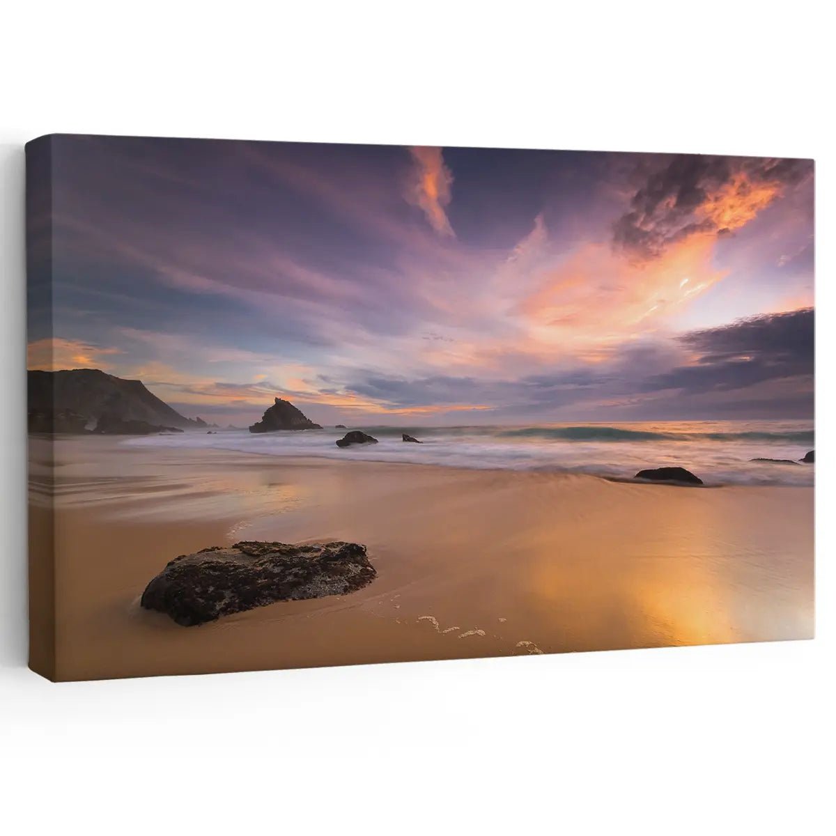  Large beach wall art featuring a breathtaking sunset over a sandy shoreline with gentle ocean waves