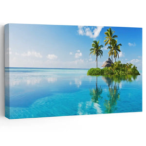  Large beach wall art featuring a stunning tropical island with palm trees and clear blue ocean waters.