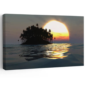 Large beach wall art featuring a tropical island silhouetted against a breathtaking golden sunset over the ocean.