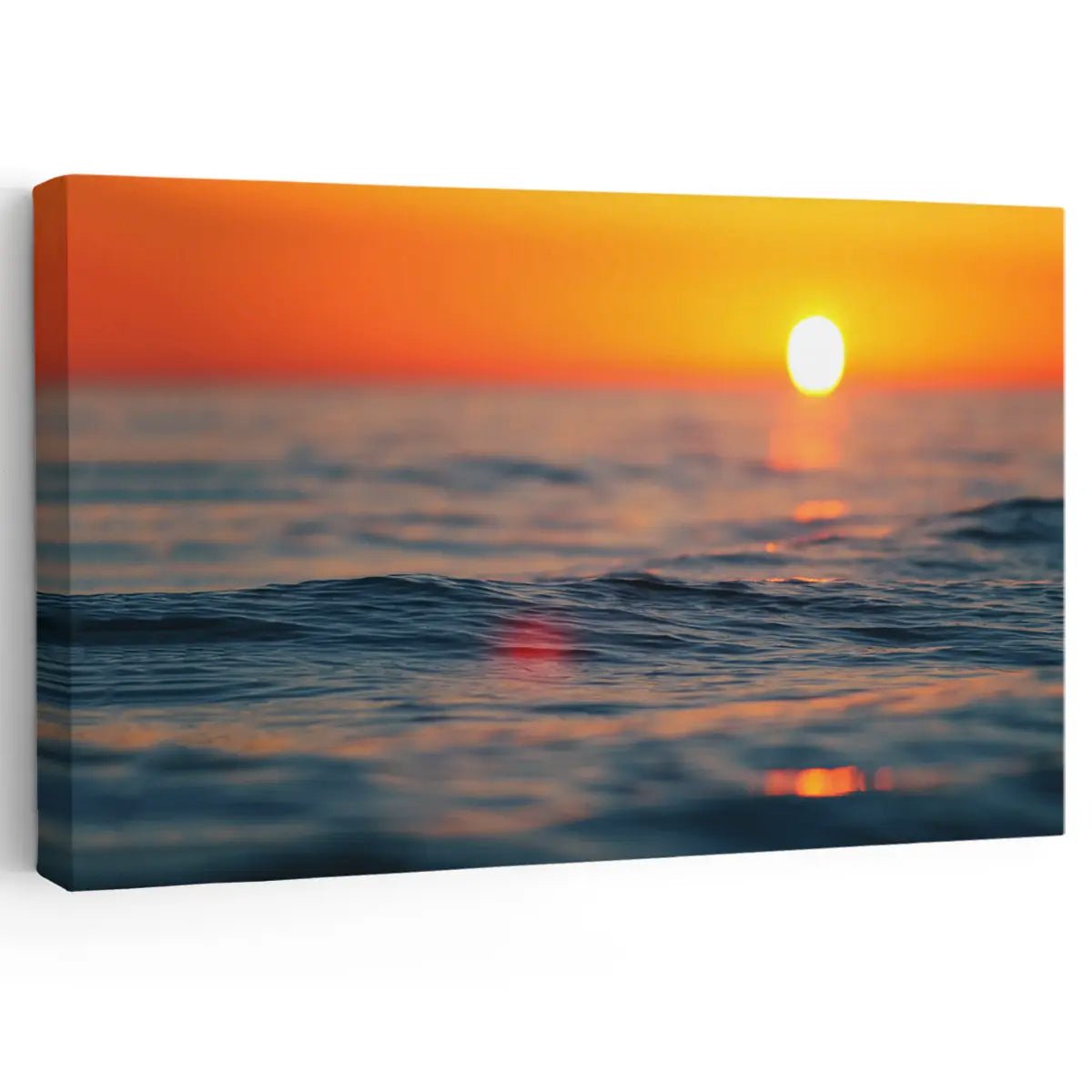 Large ocean artwork featuring a beach sunset with waves and golden light.