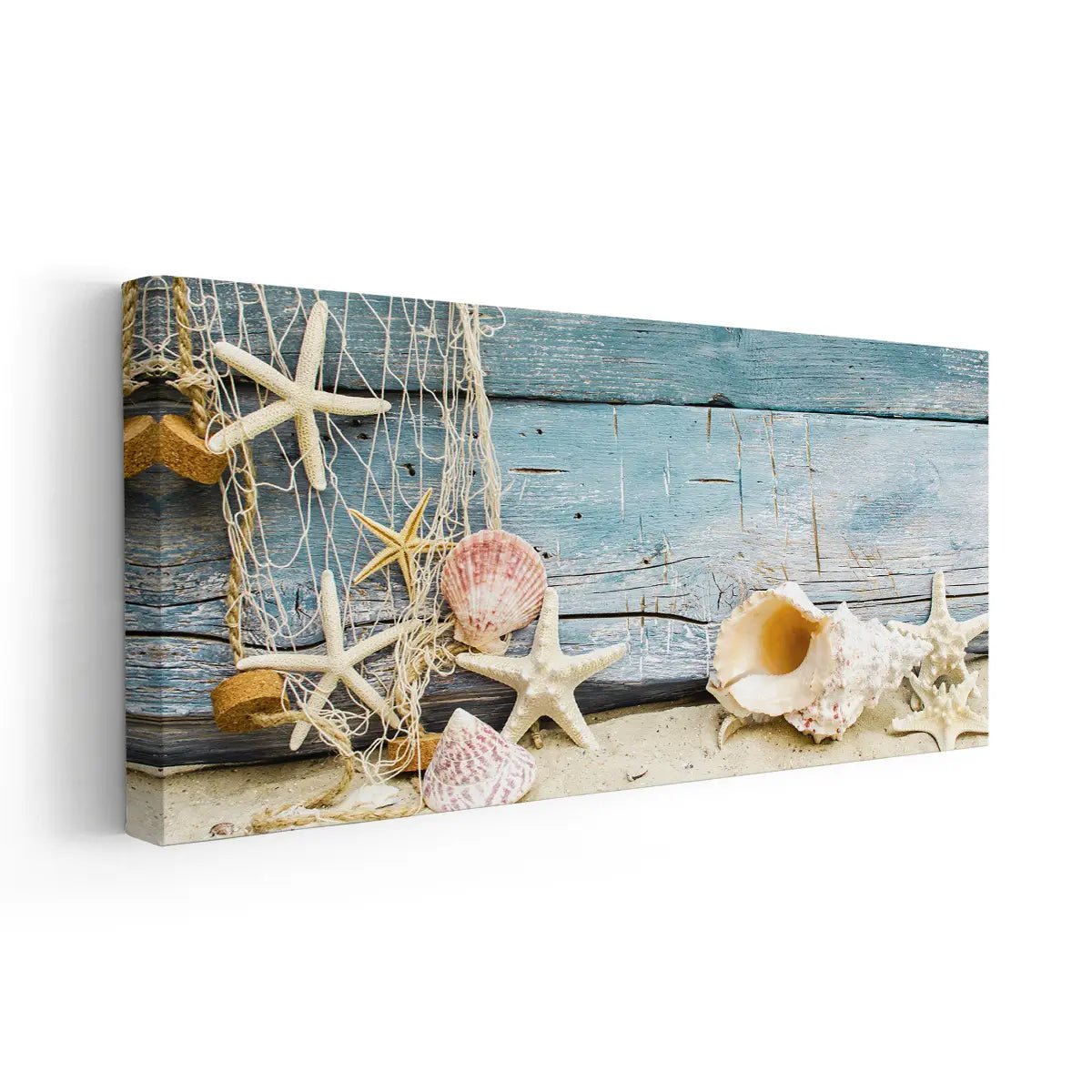 Rustic coastal beach wall art with seashells and netting for home decor.