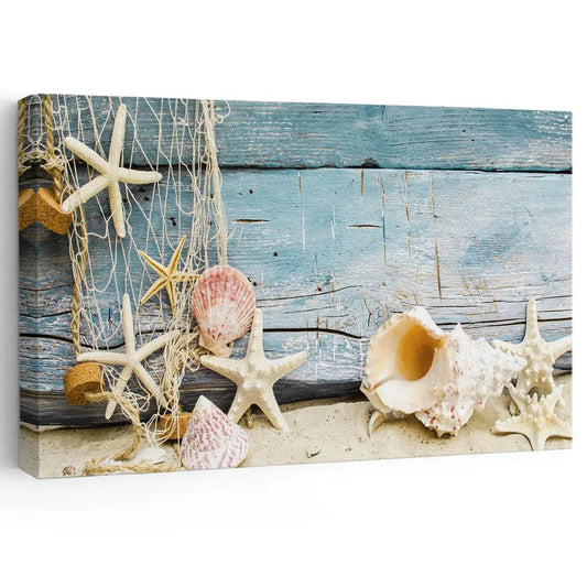 Coastal beach wall art featuring starfish and seashells on a rustic wood background.