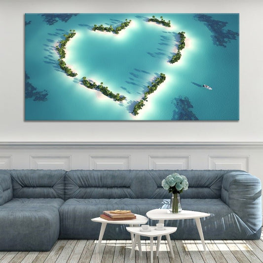 Romantic wall art for the bedroom showcasing an aerial view of a secluded paradise.