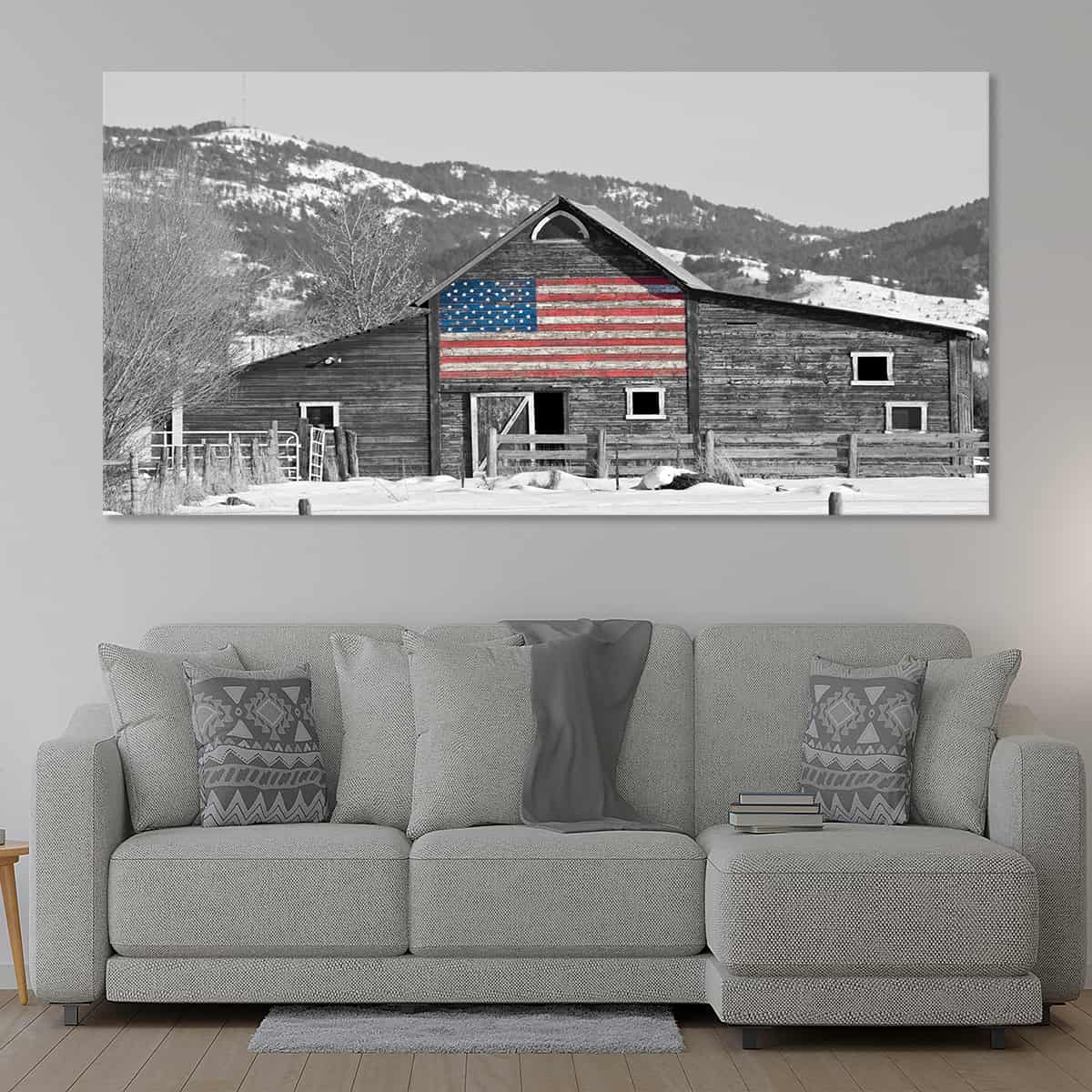 barn wall art​: barn artwork​, farmhouse barn wall art​, barn canvas wall art, Barn with flag print, patriotic wall art 