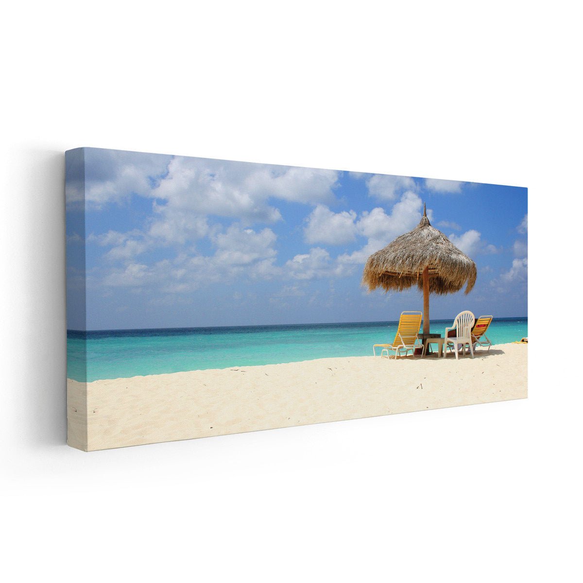 Large framed beach decor showcasing a tropical island paradise.