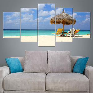 Modern ocean artwork with crystal-clear turquoise waters and blue skies.