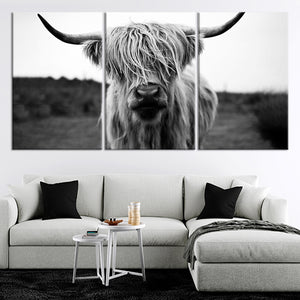 black and white cow print, highland cow art painting, cow artwork painting, farmhouse wall decor