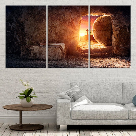 painting of jesus resurrection, empty tomb painting, framed religious artwork, 3 piece wall art