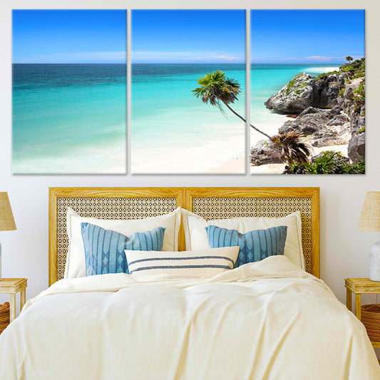 Coastal artwork for bedroom with a scenic tropical view of white sand and turquoise sea.