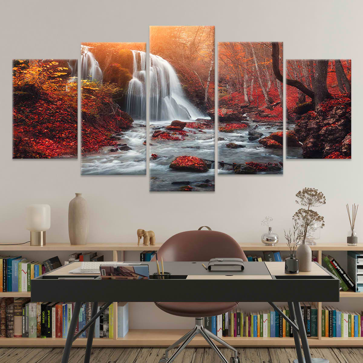 Red Autumn Waterfall Wall Art Canvas-Stunning Canvas Prints