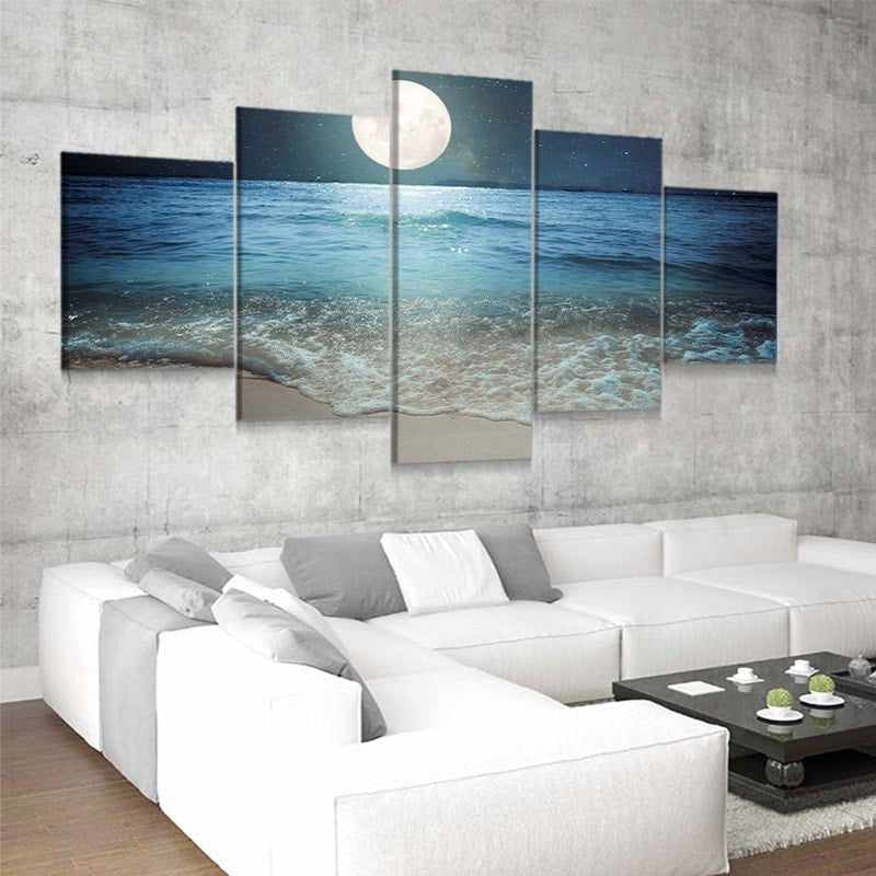 Coastal blue ocean print showcasing gentle waves under the moonlight, ideal for an elegant seaside retreat.