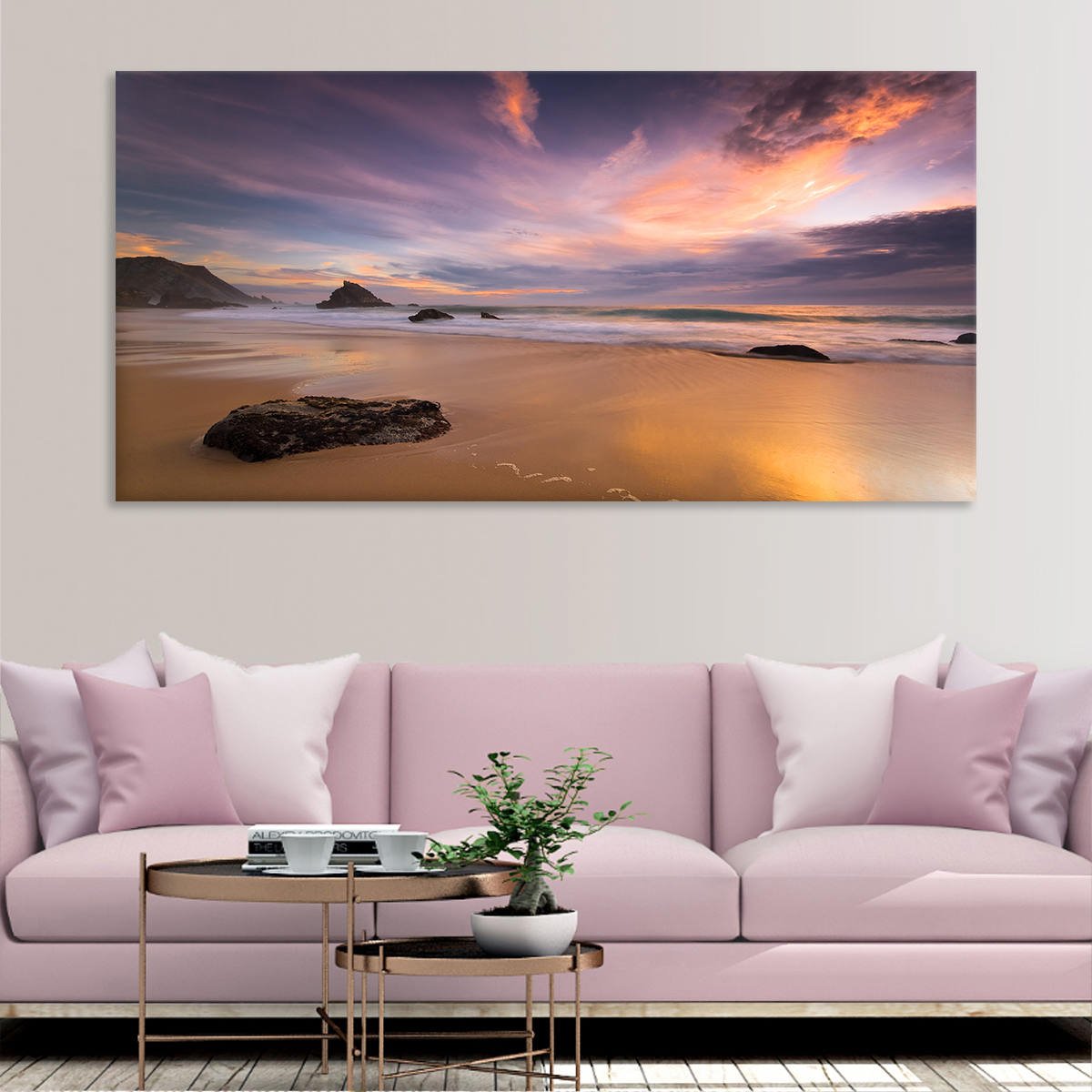 Beach wall art for living room featuring a glowing sunset reflecting off the wet sand and rolling waves.