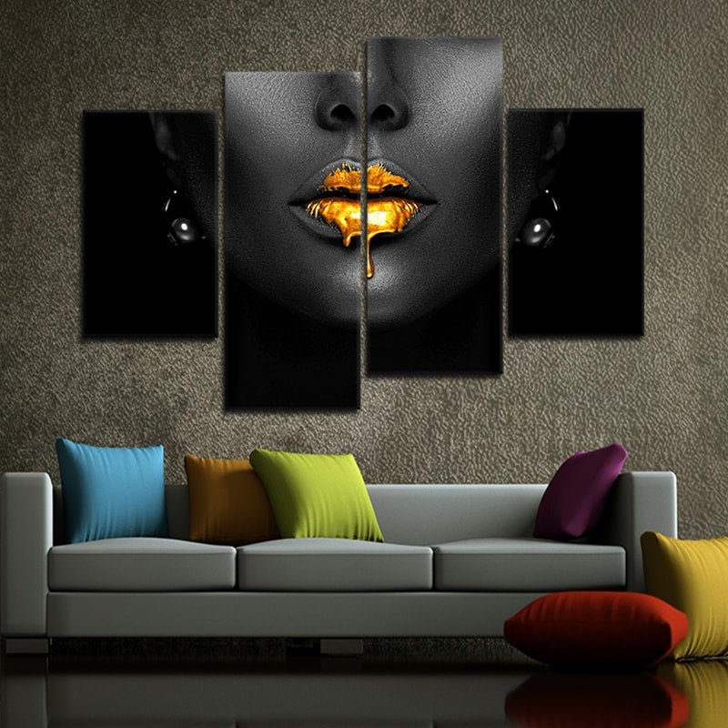 Gold Lips Canvas Wall Art for Living Room - Above Couch Wall Decor 