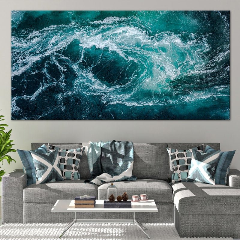 Ocean wave canvas print with realistic beach scene details.