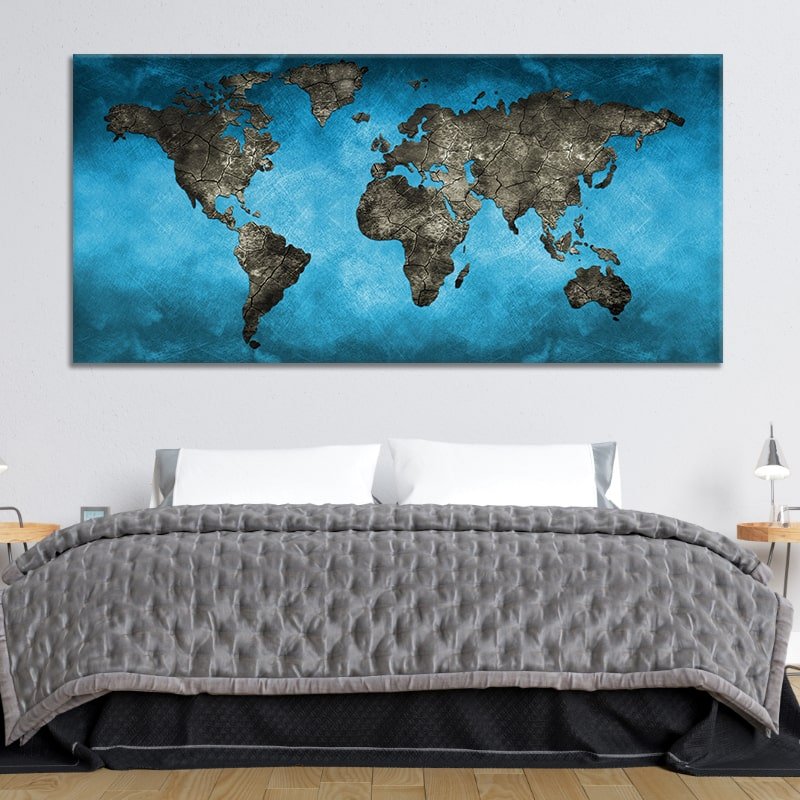 World Map Wall Art For Office L Blue Map Of The World Canvas Art Set