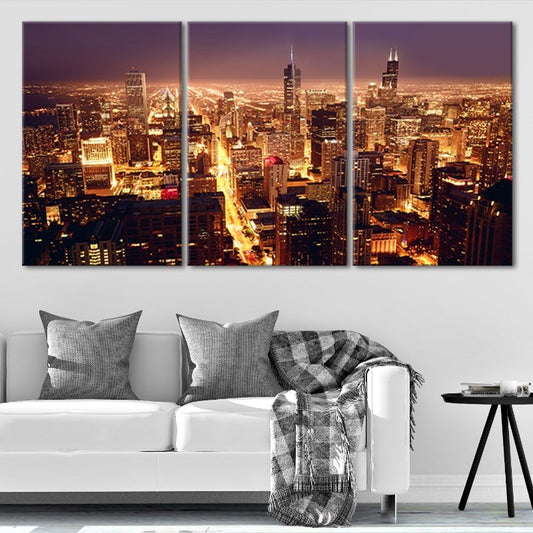 Chicago Skyline At Night Wall Art Canvas-Stunning Canvas Prints