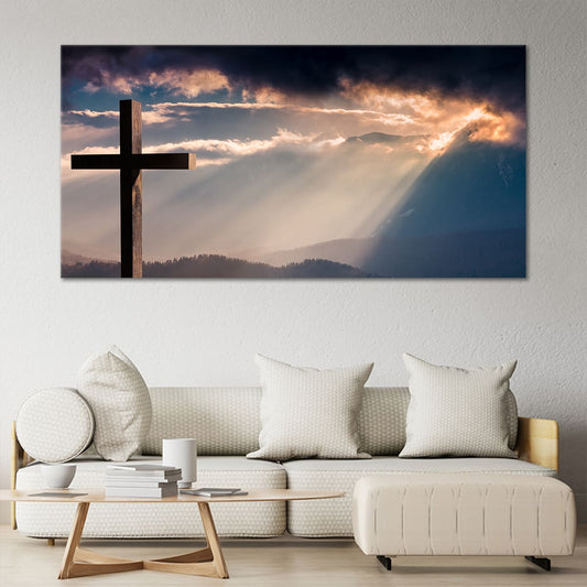 Christian cross wall art canvas, framed religious artwork, faith-inspired home decor.