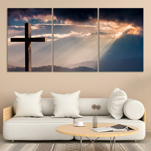 Beautiful Christian cross painting, framed faith artwork, contemporary religious decor.