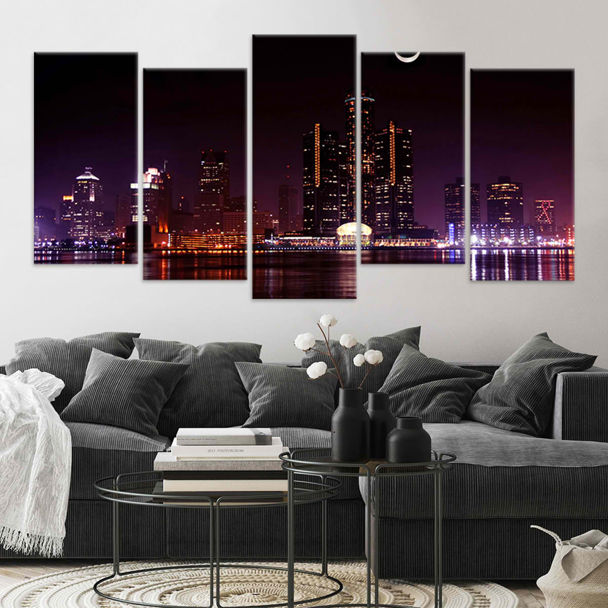 Detroit Skyline At Night Wall Art Canvas-Stunning Canvas Prints