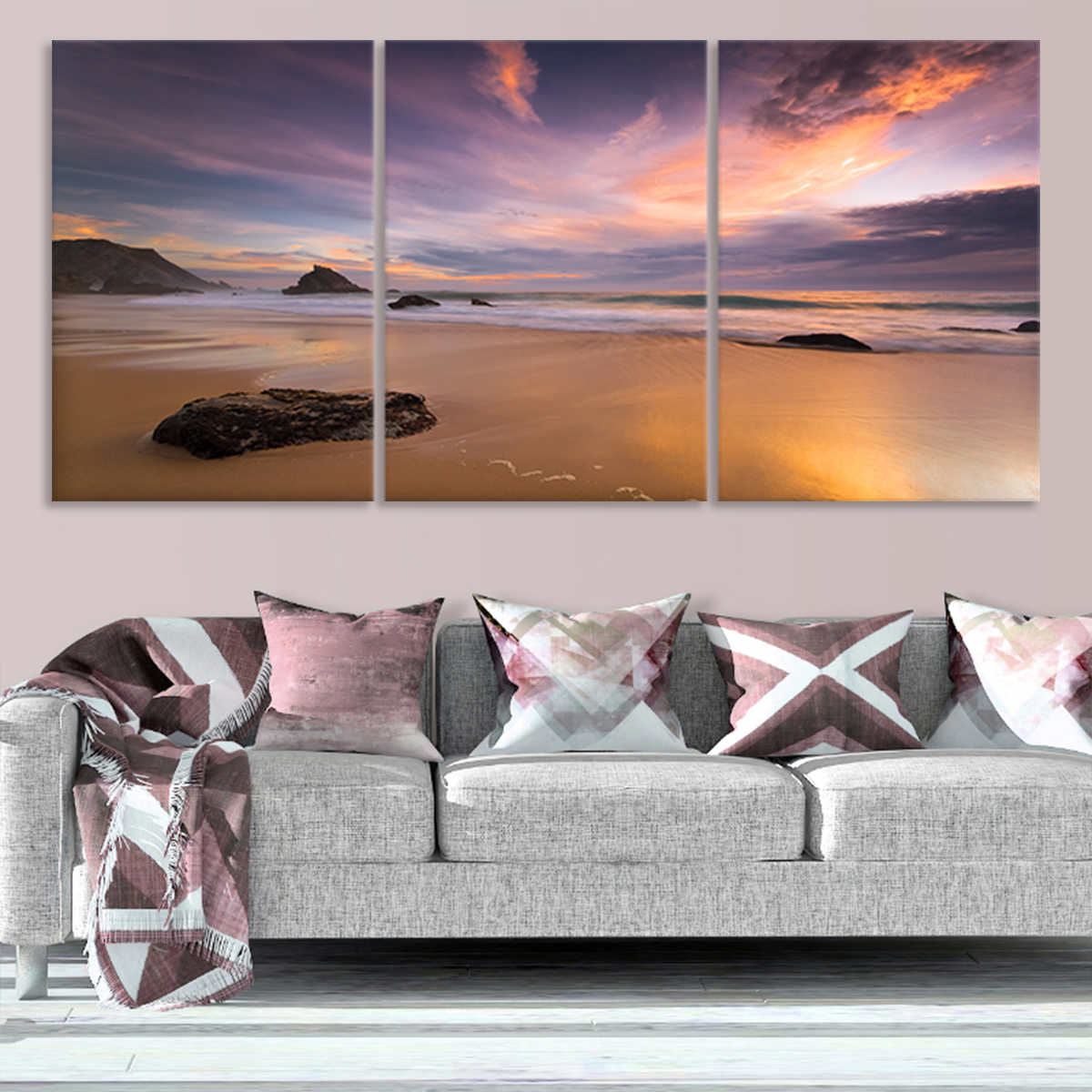  Extra large ocean wall art showcasing a serene rocky beach at sunset with vibrant clouds reflecting on the water