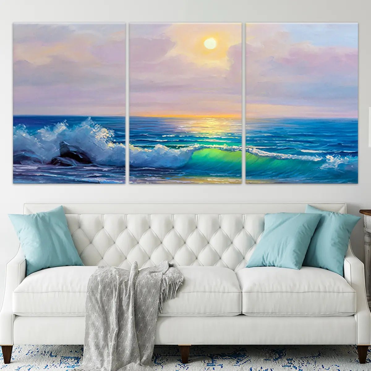 Extra large ocean wall art featuring a breathtaking beach sunset with rolling waves, ideal for a relaxing ambiance.