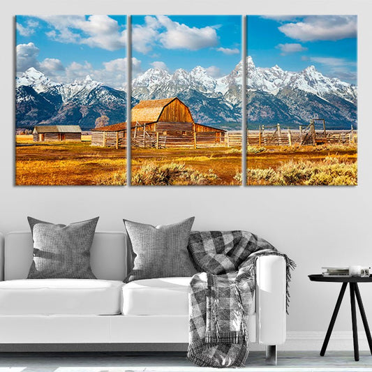 3 pieceFarmhouse wall art featuring a wooden barn and mountain landscape