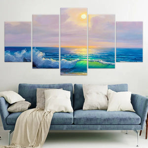  Framed beach artwork with a glowing sunset reflecting over the ocean, creating a serene coastal atmosphere.