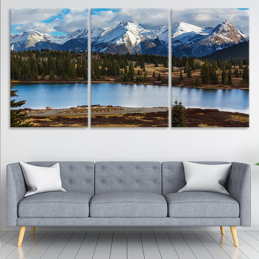 Framed nature wall decor featuring snowy mountains and lake