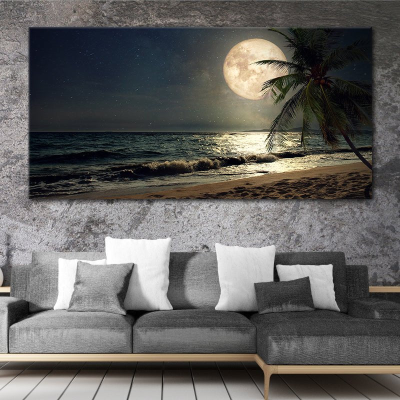 Large Horizontal Coastal Wall Art: framed coastal wall art, seascape artwork, nautical wall art for living room, moon canvas wall art​, neutral beach wall art