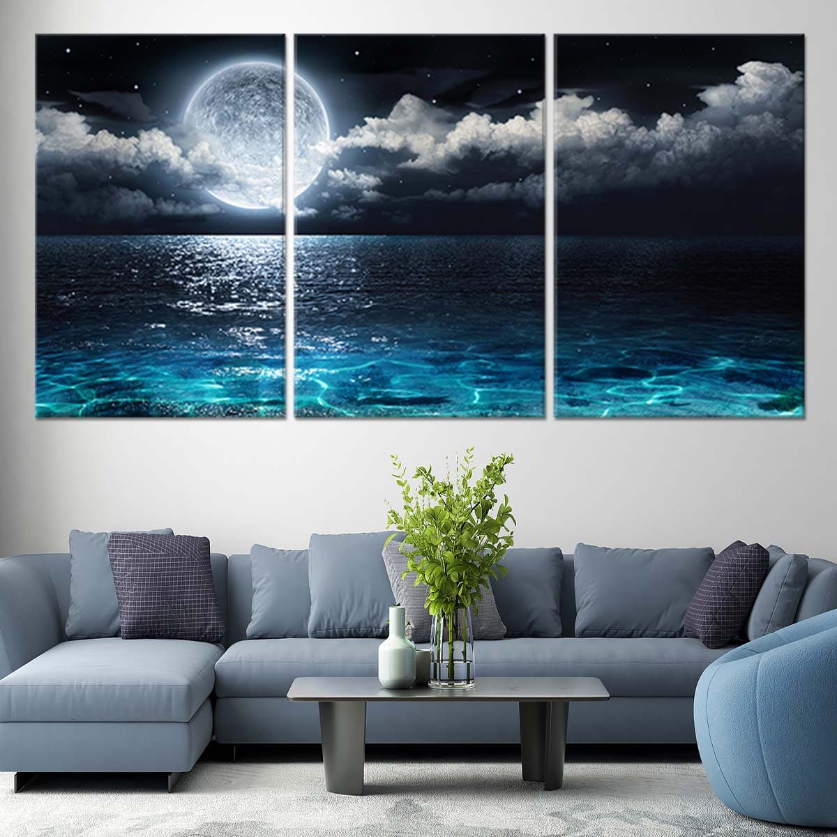 Moonlight Canvas Painting, Romantic Couple Wall Art for bedroom, night sky canvas, framed ocean wall art, beach canvas​ wall art 