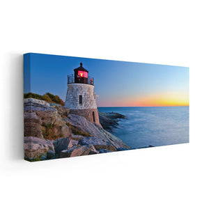 Large canvas beach wall art depicting a serene coastal scene with a lighthouse guiding ships at dusk.