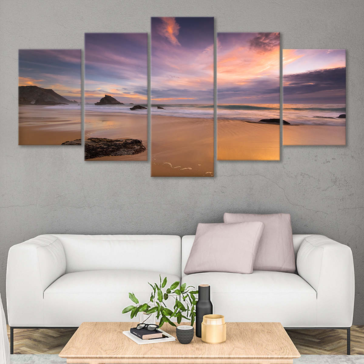 Large coastal canvas wall art highlighting a peaceful beach view at dusk with soft, colorful clouds.