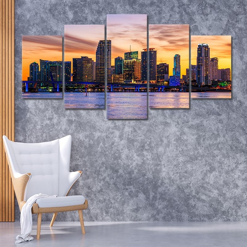 Miami Skyline At Sunset Wall Art Canvas-Stunning Canvas Prints