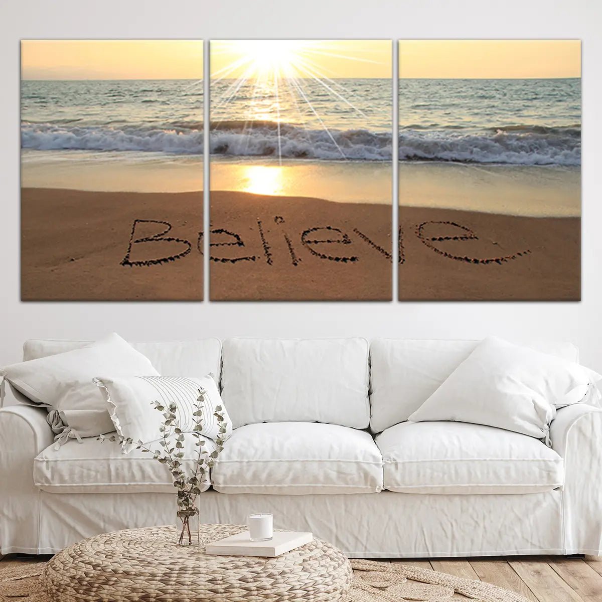 Believe Wall Art, Sunset Canvas Wall Art, beach sayings wall art, 3 piece wall art