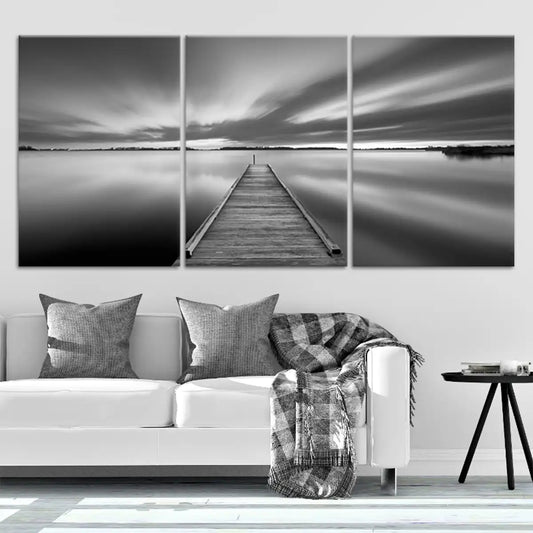 Extra large ocean wall art with a monochrome pier view, capturing a serene and timeless coastal atmosphere.