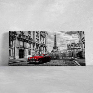 Wall Mural Eiffel Tower with Red retro limousine car, Fabric