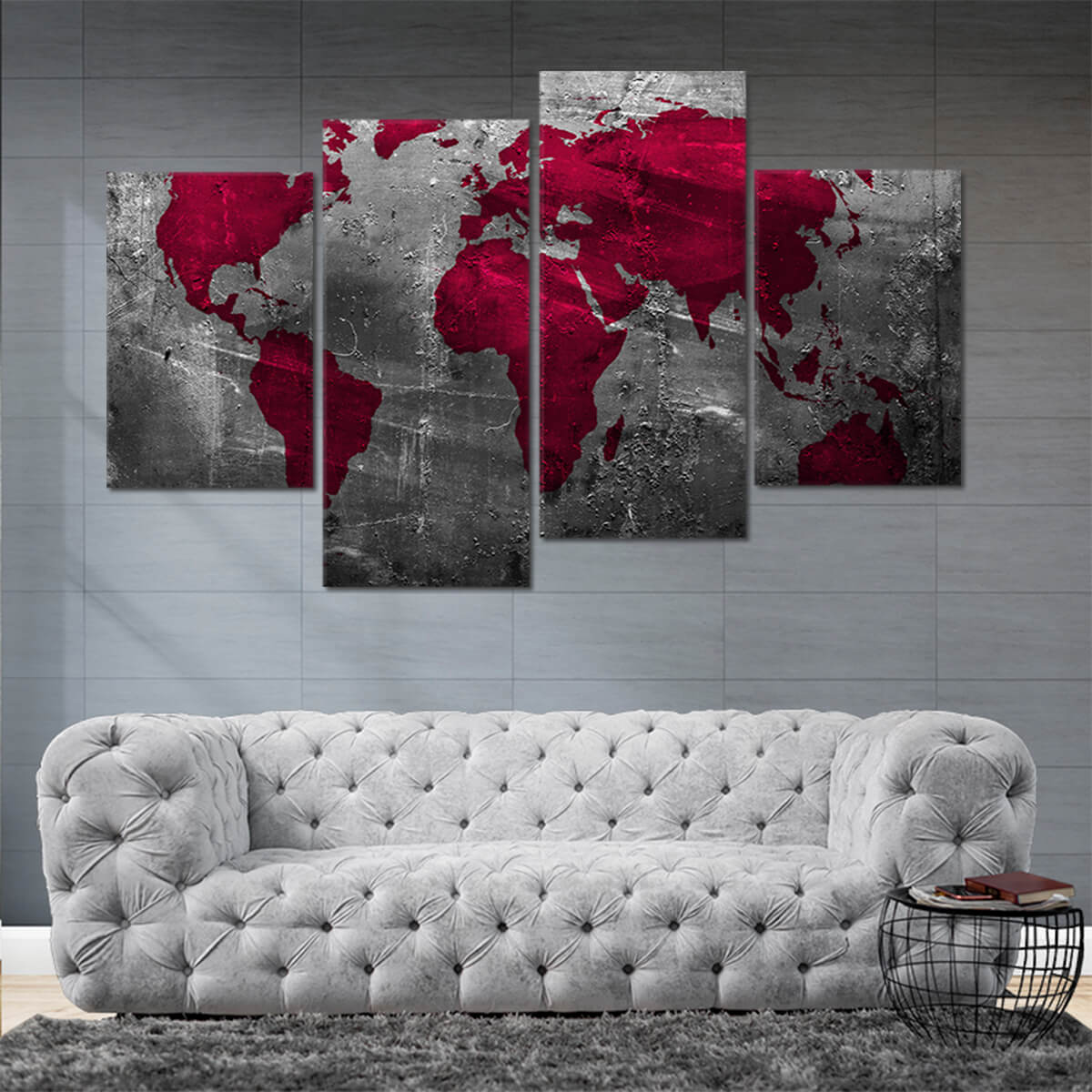 Red Aged World Map Canvas Wall Art Set