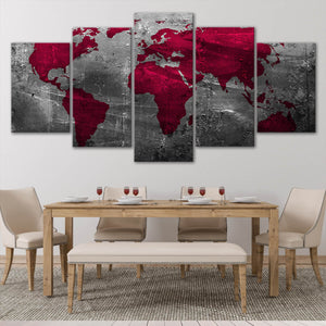 Red Aged World Map Canvas Wall Art Set