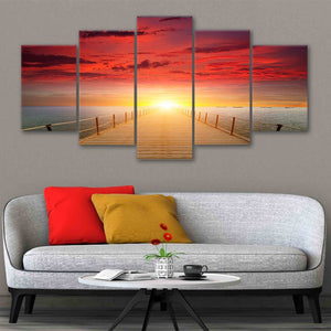 5 Pieces Canvas Wall Art Prints Red autumn fishing pier Stretched