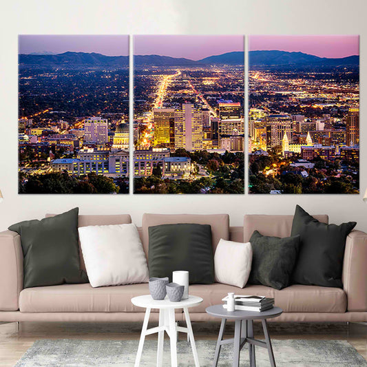 Salt Lake City Skyline At Night Wall Art Canvas-Stunning Canvas Prints