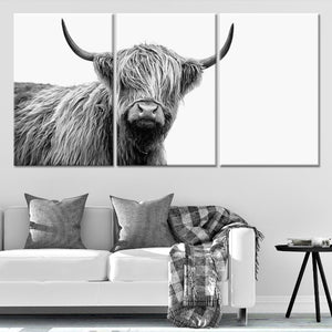 Highland Cattle Wall Art, Black And White Highland Cow Picture, Set Of 3 Framed Wall Art