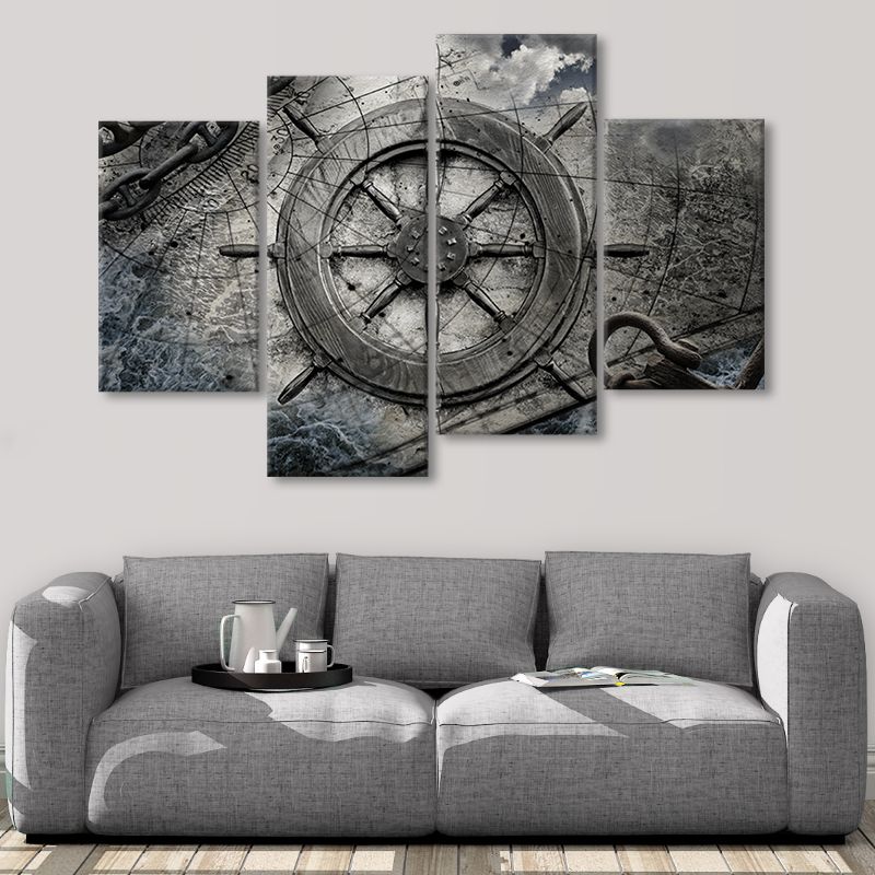 Vintage Ship Steering Wheel Old Map wall art set of 4