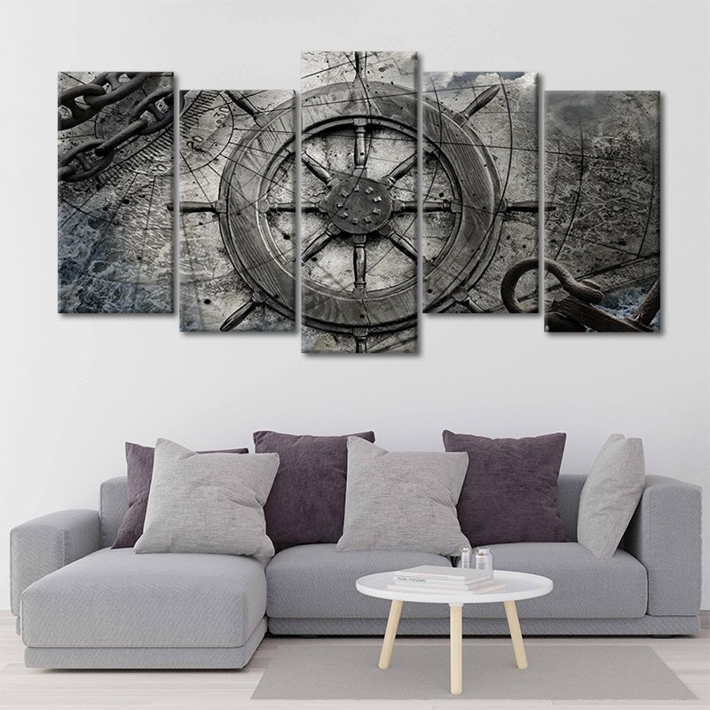 Vintage Ship Steering Wheel Old Map 5 piece wall art